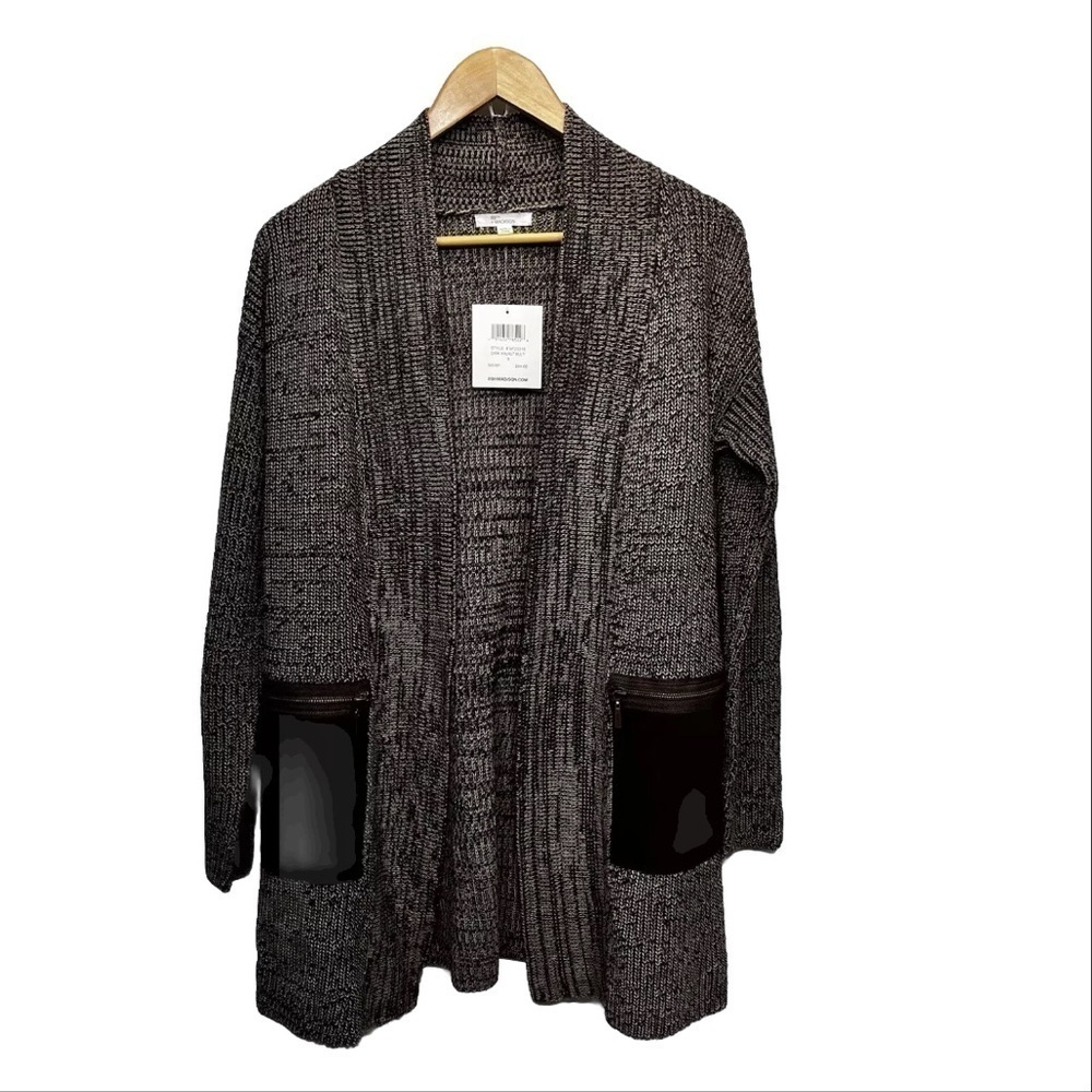 89th & Madison Knit Walnut Brown Long Cardigan Sweater Open Front Zip Pockets S